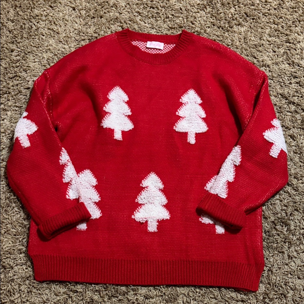 Pink Lily Red Sweater with White Tree Patterns (read description)